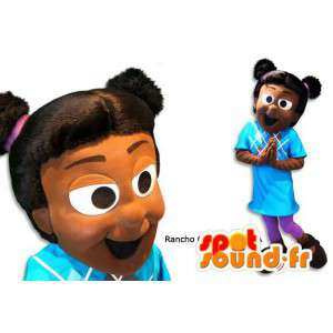 Mascot chica negro en suéter azul. Traje de la muchacha Negro - MASFR005882 - Chicas y chicos de mascotas