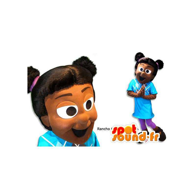 Mascot black girl in blue sweater. Black costume girl - MASFR005882 - Mascots boys and girls