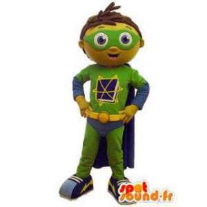 Jongen mascotte gekleed in super held blauw, groen en geel - MASFR005894 - Mascottes Boys and Girls