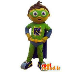Mascotte de garçon en tenue de super héros bleu, vert et jaune - MASFR005894 - Mascottes Garçons et Filles