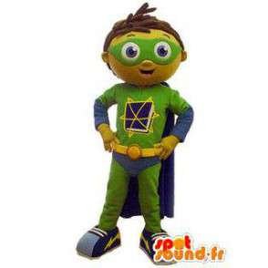 Drengemaskot i blå, grøn og gul superheltøj - Spotsound maskot