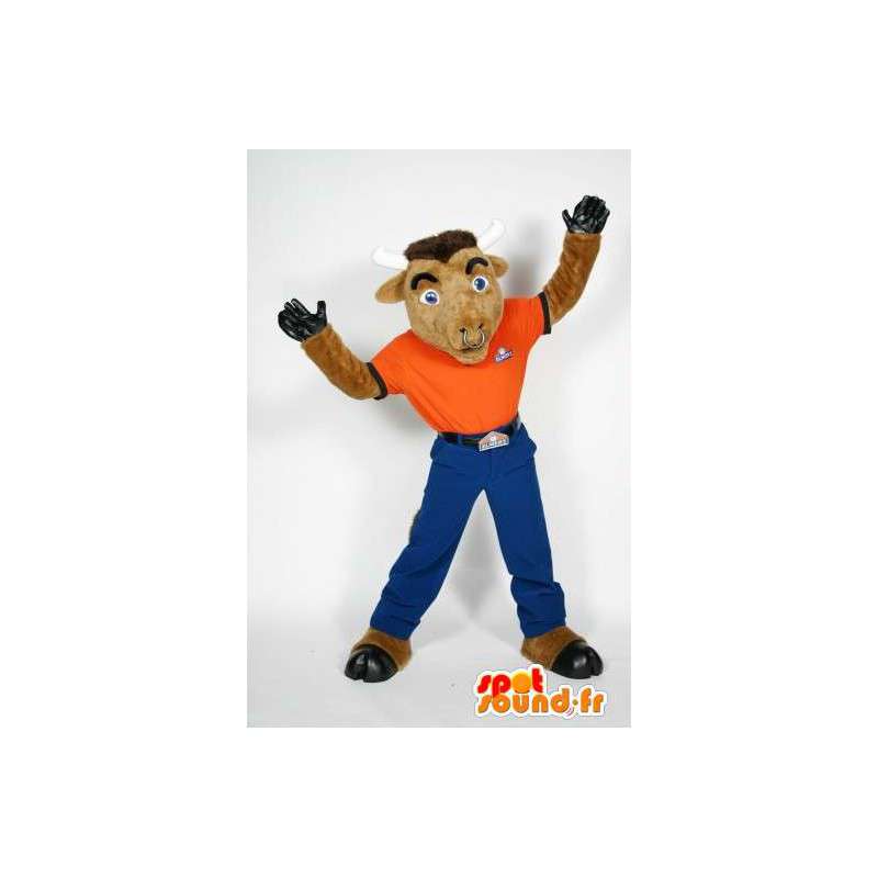 Geit mascotte gekleed in oranje en blauw - MASFR005907 - Mascottes en geiten Geiten