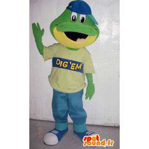 Crocodile mascotte verde e giallo con cappuccio blu - MASFR005914 - Mascotte di coccodrilli