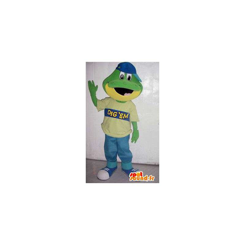 Crocodile mascotte verde e giallo con cappuccio blu - MASFR005914 - Mascotte di coccodrilli