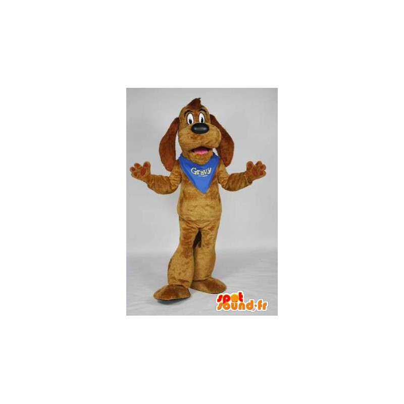 Brun hundmaskot med en blå halsduk - Spotsound maskot
