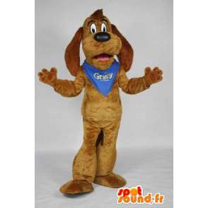 Brun hundmaskot med en blå halsduk - Spotsound maskot