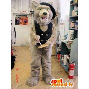 Hnědý vlk maskot s vestou a černým kloboukem - MASFR005951 - vlk Maskoti