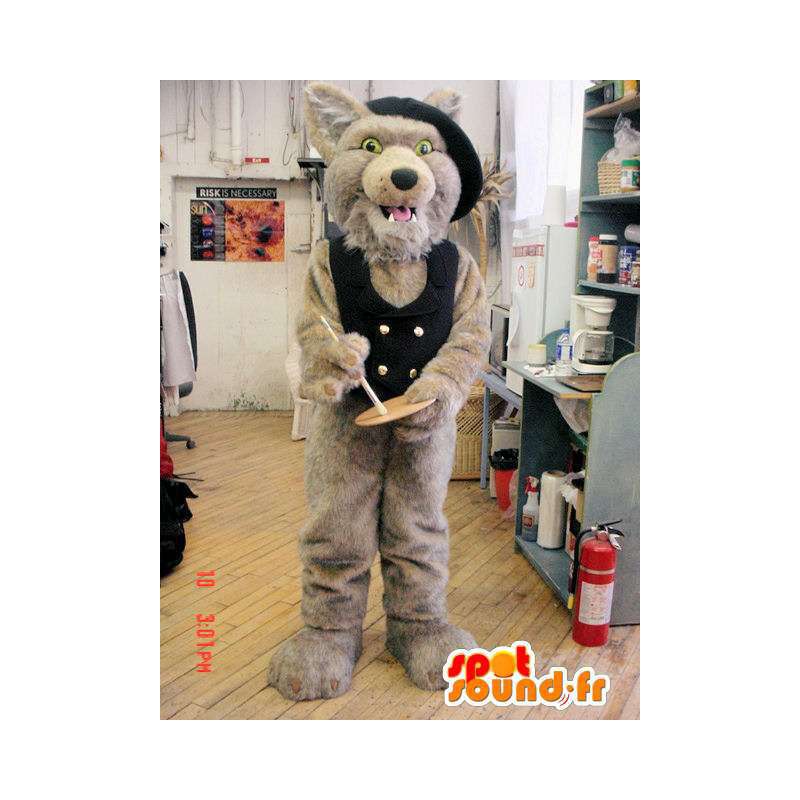 Hnědý vlk maskot s vestou a černým kloboukem - MASFR005951 - vlk Maskoti