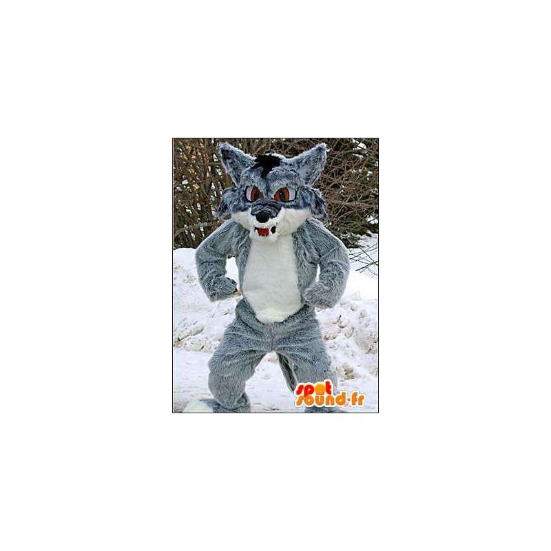 Mascotte de loup gris et blanc. Costume de loup - MASFR005959 - Mascottes Loup