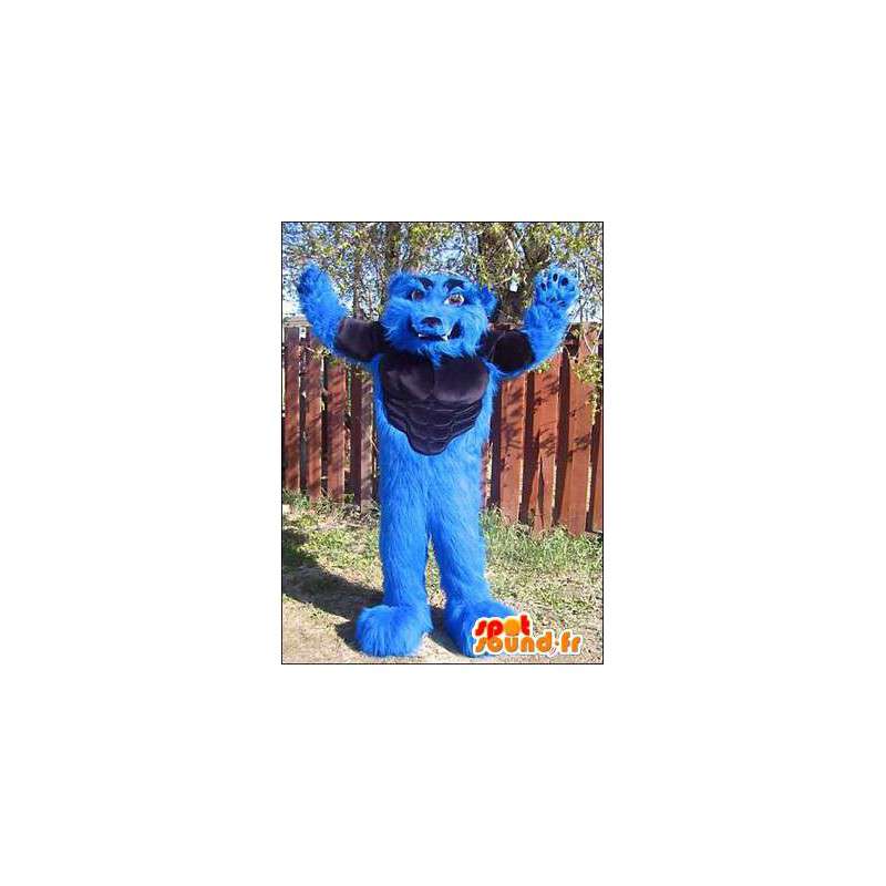 Mascot lobo azul muscular. Lobo traje - MASFR005970 - Mascotas lobo