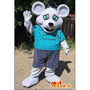 青い服を着た灰色のマウスのマスコット。マウスコスチューム-MASFR005974-マウスマスコット