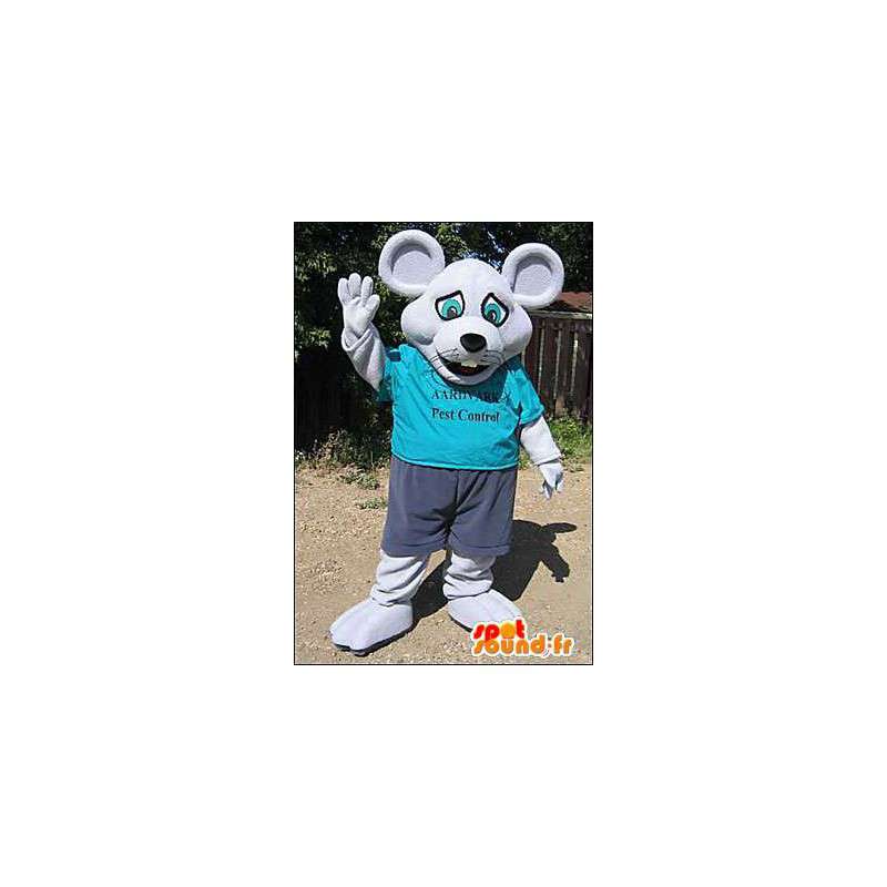 Gray mouse mascot dressed in blue. Mouse costume - MASFR005974 - Mouse mascot