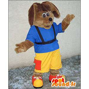 Mascota de conejo Brown vestida de amarillo y azul - MASFR005986 - Mascota de conejo