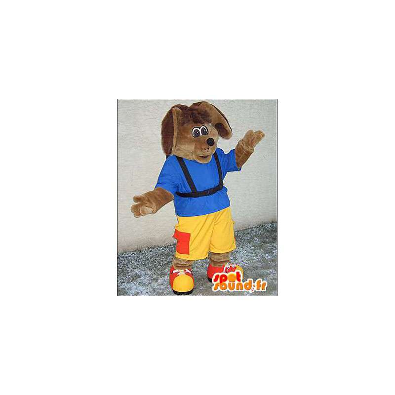 Mascota de conejo Brown vestida de amarillo y azul - MASFR005986 - Mascota de conejo