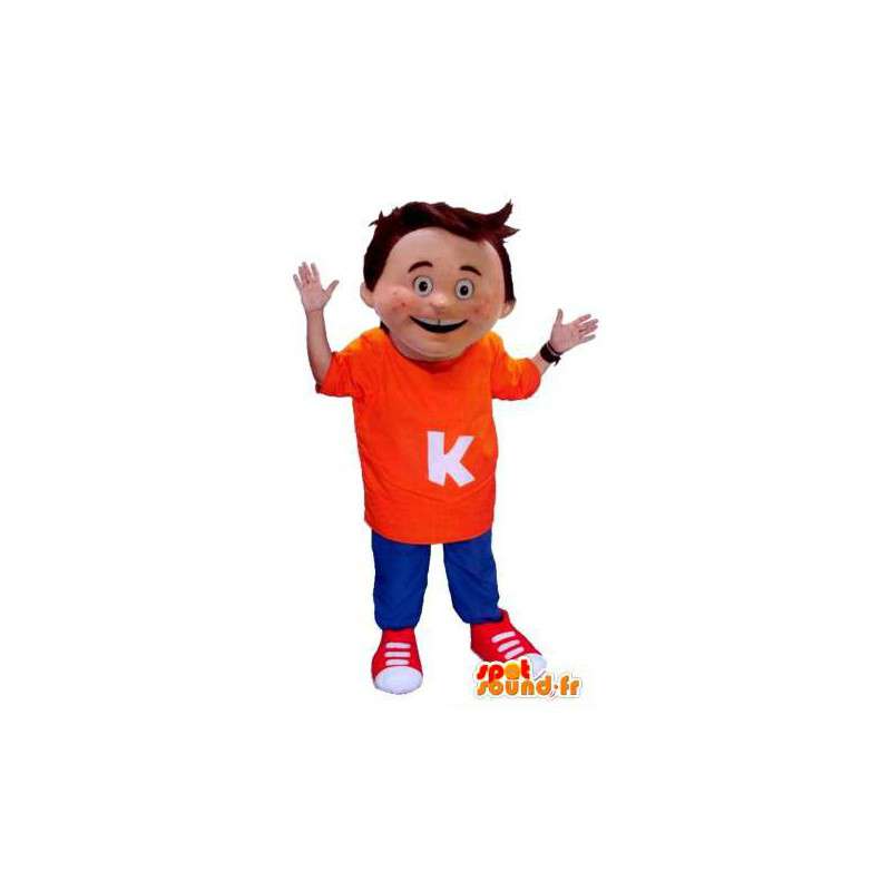 Mascot niño vestido en naranja y azul - MASFR005997 - Niño de mascotas
