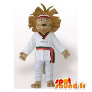 Lejonmaskot i vit kimono. Lion judoka kostym - Spotsound maskot