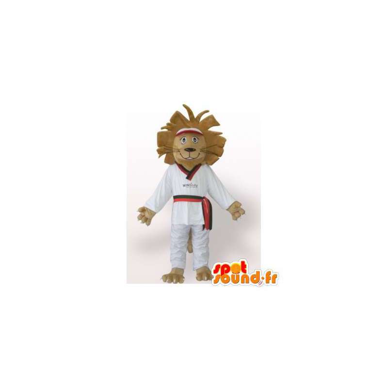 Lejonmaskot i vit kimono. Lion judoka kostym - Spotsound maskot