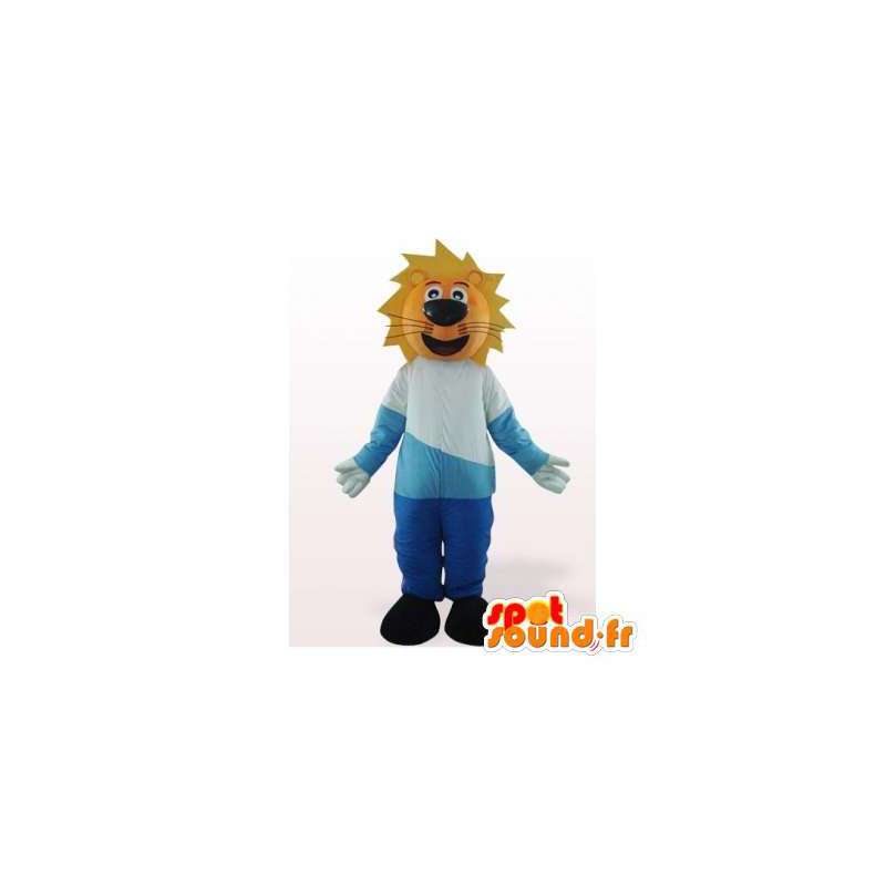 Leeuw mascotte gekleed in blauw en wit. leeuwkostuum - MASFR006089 - Lion Mascottes