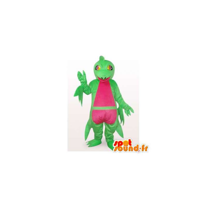 Dinosaur-de-rosa da mascote de pelúcia com uma barriga verde e