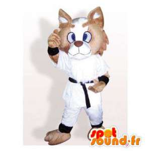 Béžový kočka maskot v bílém kimonu. cat suit - MASFR006102 - Cat Maskoti