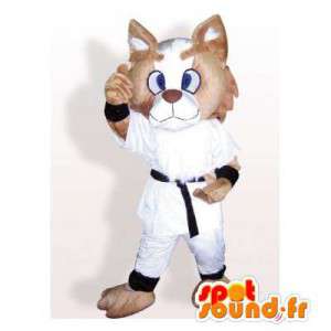 Mascotte de chat beige en kimono blanc. Costume de chat - MASFR006102 - Mascottes de chat