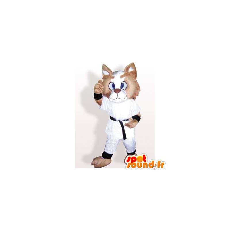 Beige kat mascotte in witte kimono. catsuit - MASFR006102 - Cat Mascottes