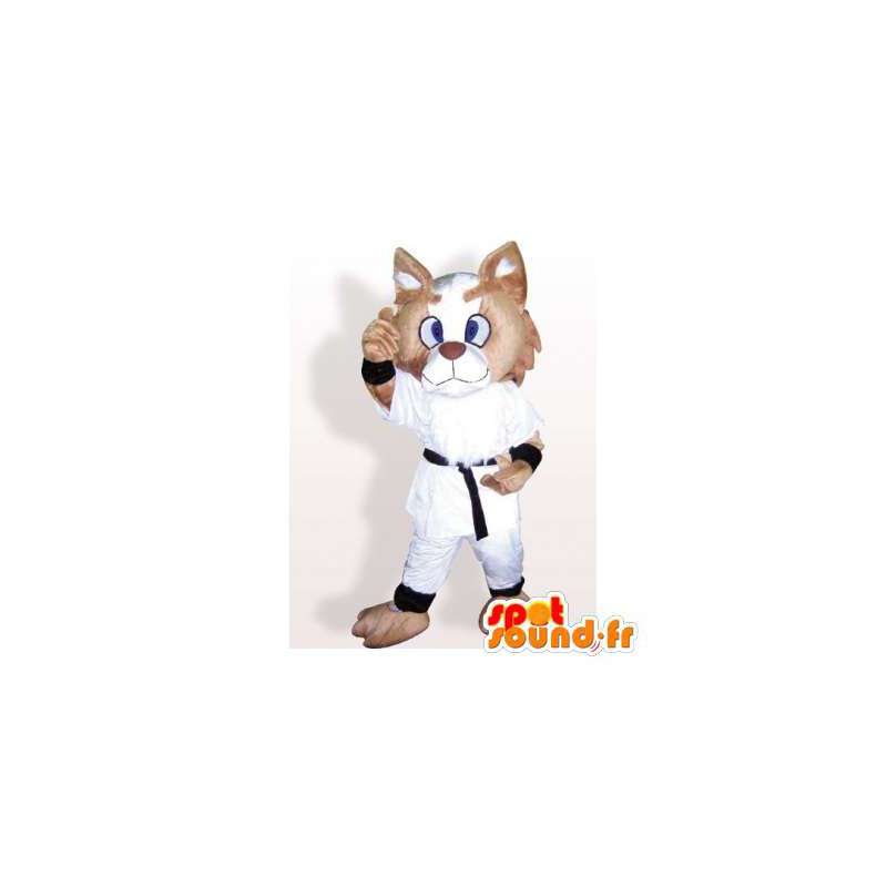 Beżowy kot maskotka w białym kimonie. cat suit - MASFR006102 - Cat Maskotki