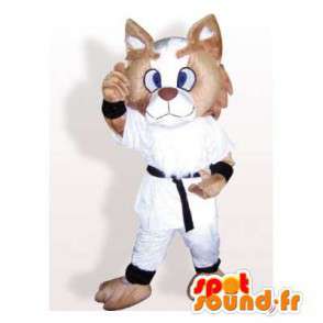 Beżowy kot maskotka w białym kimonie. cat suit - MASFR006102 - Cat Maskotki