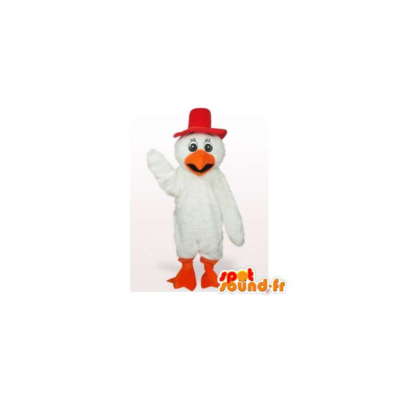 Bílý pták maskot s červeným kloboukem - MASFR006129 - maskot ptáci
