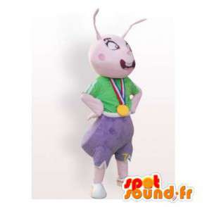 Mascotte de fourmis rose habillée en vert et en violet - MASFR006136 - Mascottes Fourmi