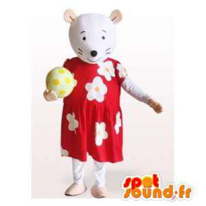 Mouse mascot in red dress with flowers. Costume rat - MASFR006143 - Mouse mascot