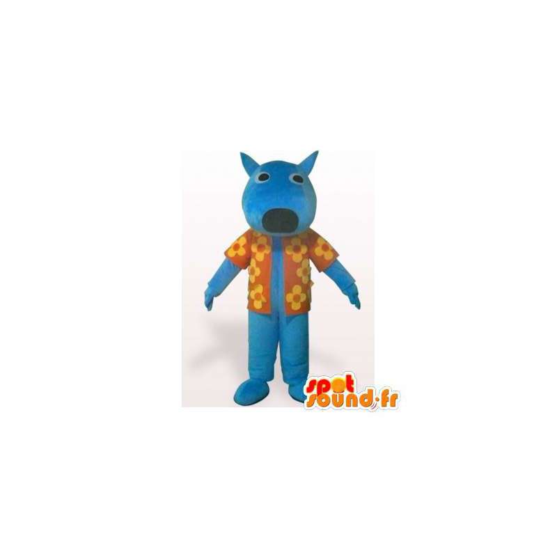 Blauwe hond mascotte met een bloemrijke overhemd - MASFR006152 - Dog Mascottes