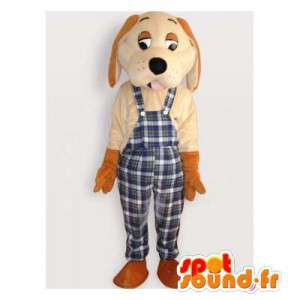 Beige hundemaskot i plaidoveralls - Spotsound maskot kostume