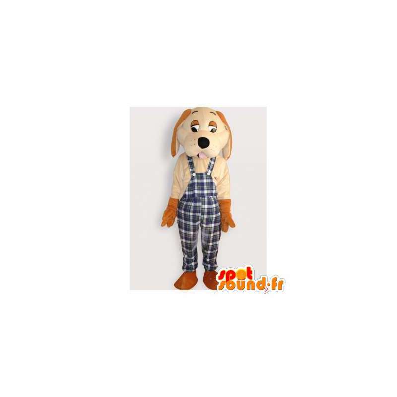 Mascotte de chien beige en salopette à carreaux - MASFR006157 - Mascottes de chien