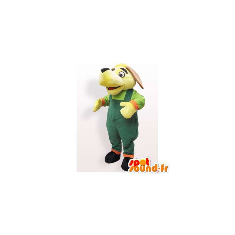 Gul hundemaskot i grøn overall - Spotsound maskot kostume