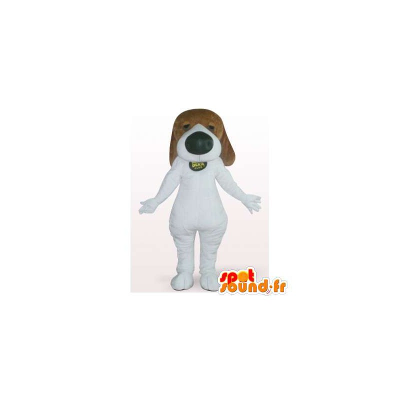 Brun och vit hundmaskot. Basset kostym - Spotsound maskot