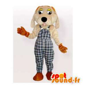 チェック柄のオーバーオールの犬のマスコット-MASFR006166-犬のマスコット