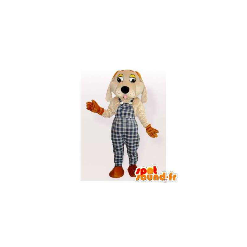 チェック柄のオーバーオールの犬のマスコット-MASFR006166-犬のマスコット