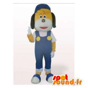 青いオーバーオールの黄色い犬のマスコット-MASFR006168-犬のマスコット
