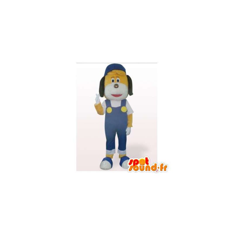 Yellow dog mascot in blue overalls - MASFR006168 - Dog mascots