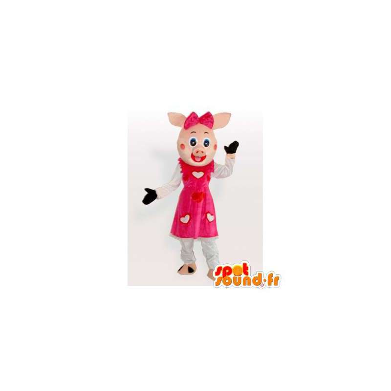 Maiale mascotte rosa con un abito con i cuori - MASFR006172 - Maiale mascotte