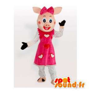 Mascotte de cochon rose avec une robe à cœurs - MASFR006172 - Mascottes Cochon