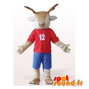 Reindeer mascot dressed in red and blue. Reindeer costume - MASFR006176 - Mascots stag and DOE