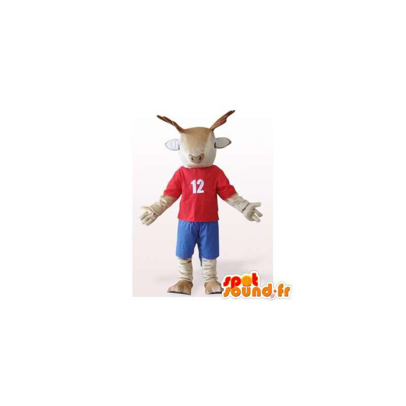 Mascotte de renne habillée en rouge et bleu. Costume de renne - MASFR006176 - Mascottes Cerf et Biche