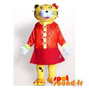 Mascot tigre amarillo y negro vestida con vestido rojo - MASFR006177 - Mascotas de tigre