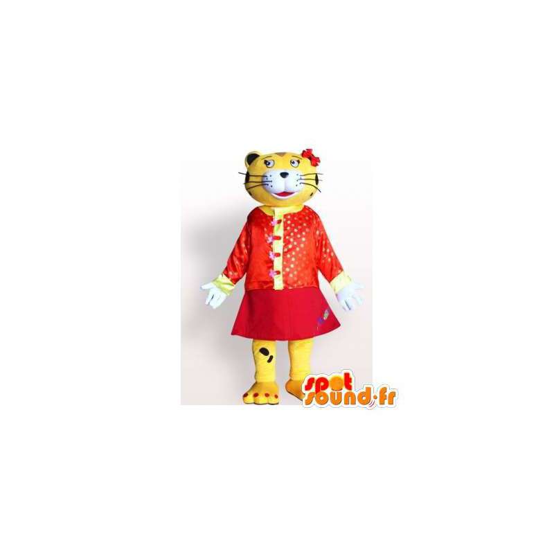 Gul og svart tiger maskot kledd i rød kjole - MASFR006177 - Tiger Maskoter