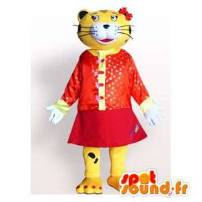 Gul og svart tiger maskot kledd i rød kjole - MASFR006177 - Tiger Maskoter