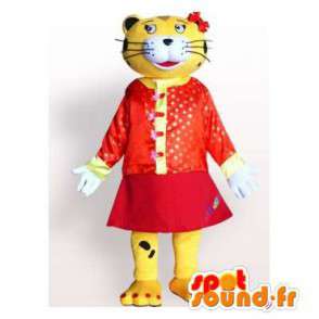 Mascotte de tigre jaune et noir habillé en tenue rouge - MASFR006177 - Mascottes Tigre