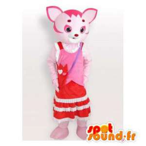 Růžová kočka maskot bílý t oblečená v červených šatech - MASFR006184 - Cat Maskoti