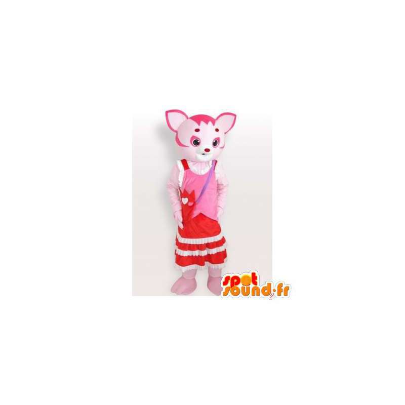 T branco mascote gato cor de rosa vestida em um vestido vermelho - MASFR006184 - Mascotes gato